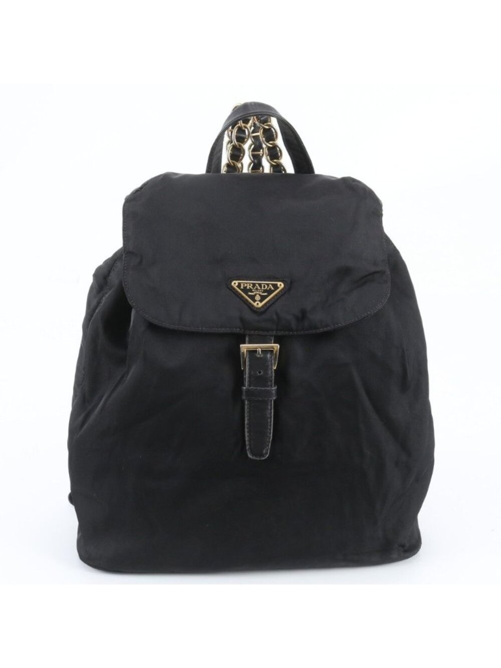 Prada Tessuto Nylon Triangle Logo Chain Leather Backpack Black